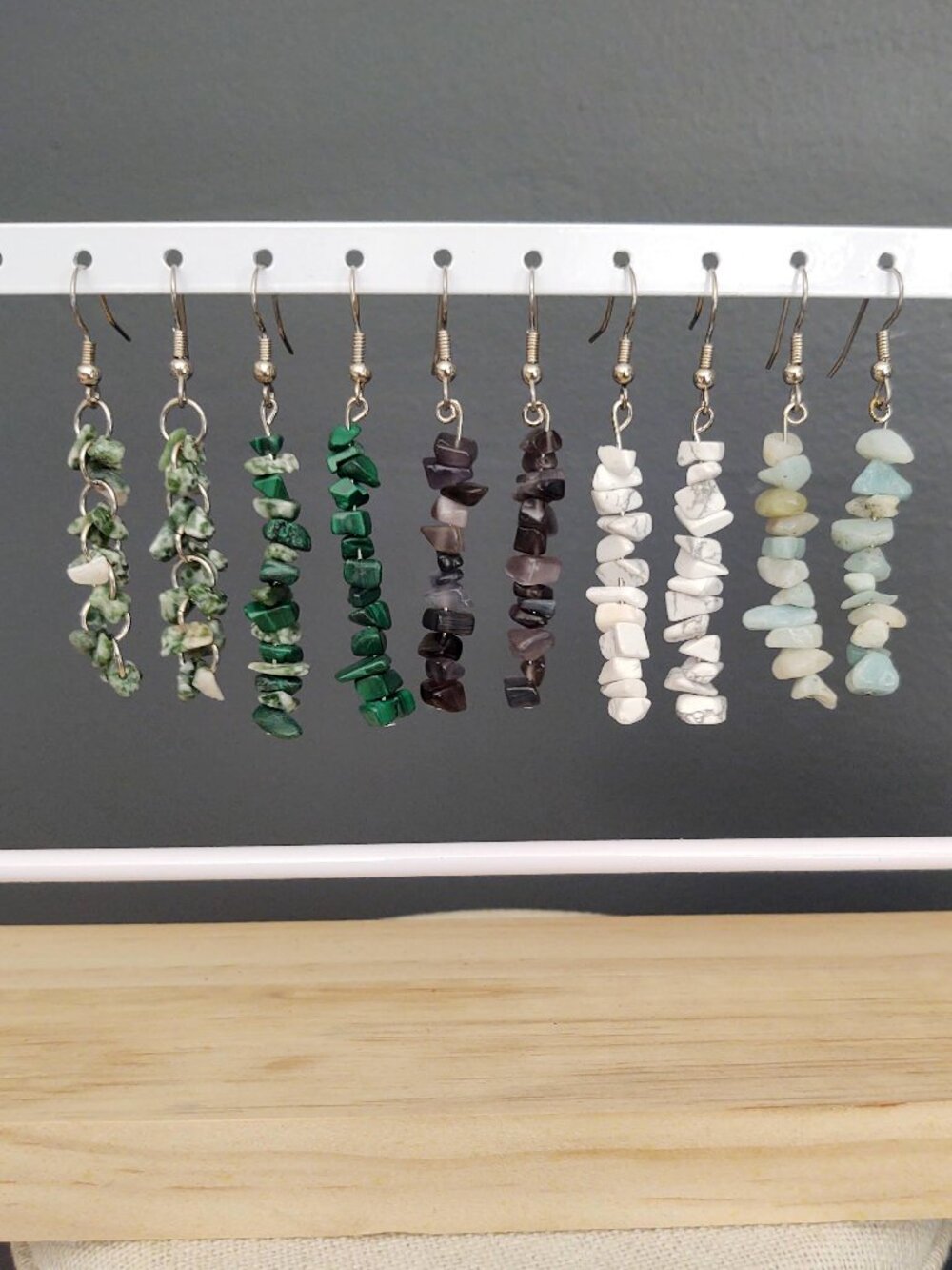 5 pair bundle of stone and glass dangle earrings-green, white and gray